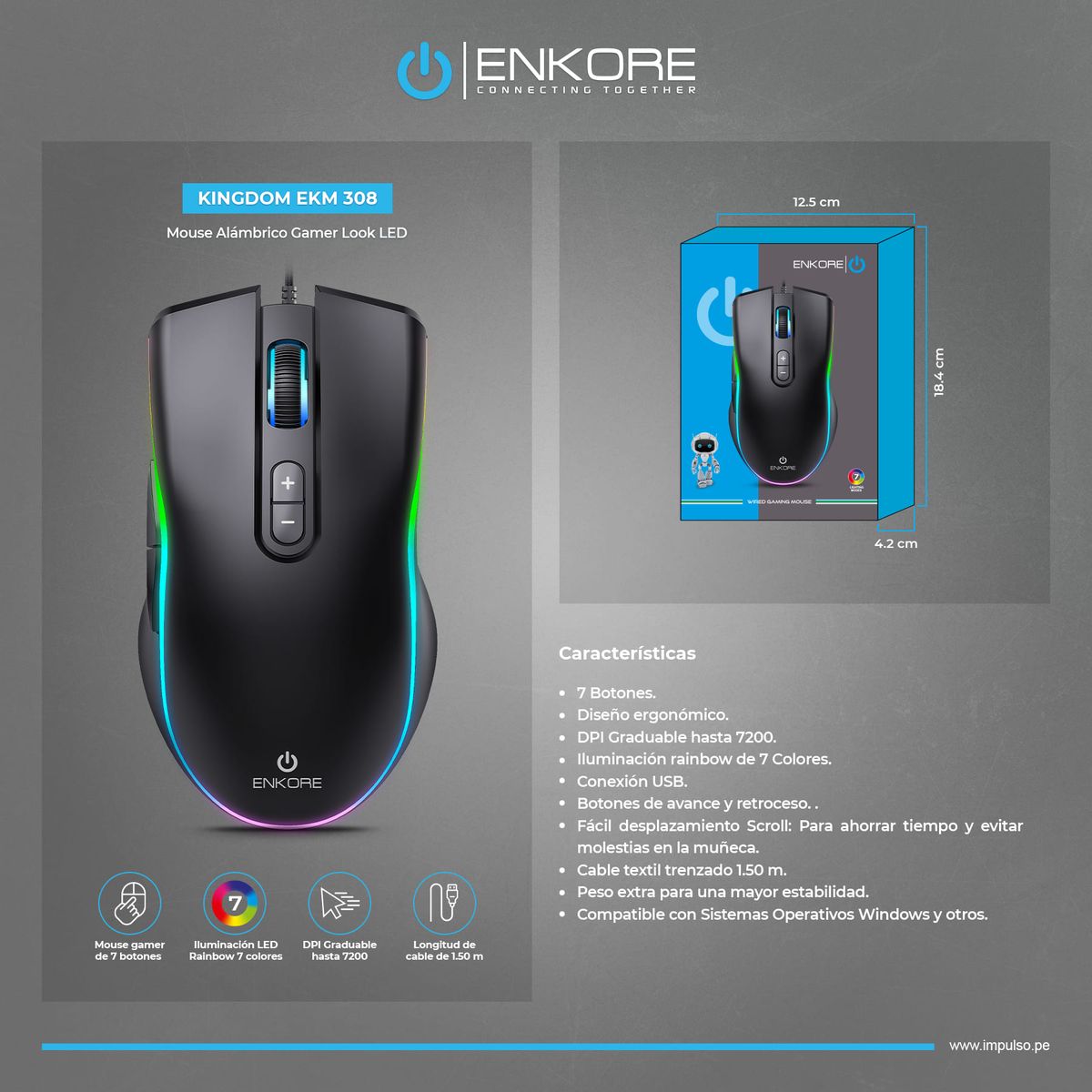 ENKORE - Mouse Gamer Alámbrico Rainbow 7B 7200DPI Enkore Kingdom EKM 308