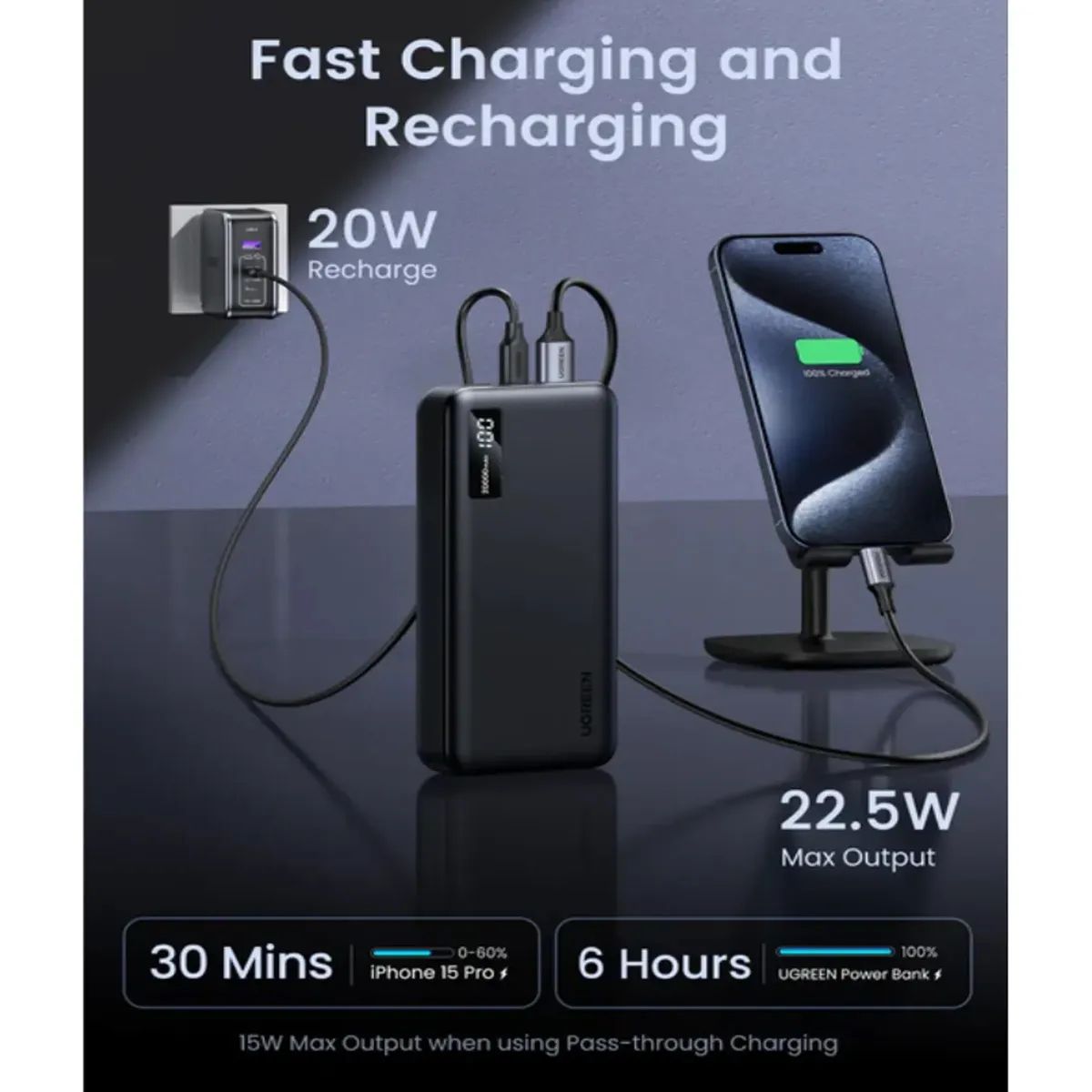 UGREEN - Power Bank UGREEN 20000mAh Carga Rapida Portatil 20W PB312 Negro