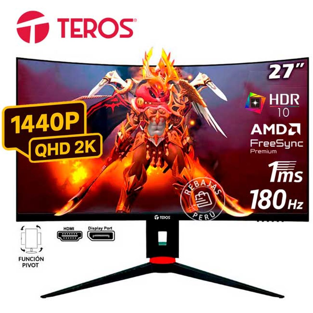 TEROS - Monitor Curvo TEROS TE-2767G 27 QHD VA 180Hz 1ms HDMI DP PIVOT