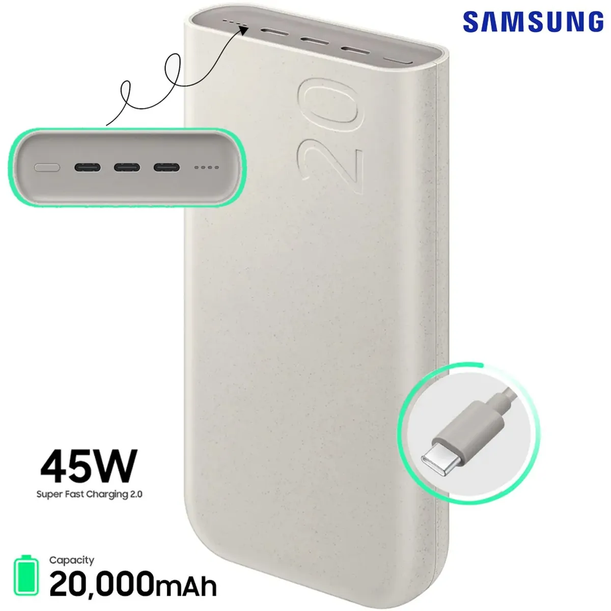 XIAOMI - Power Bank Samsung 20000mAh 45W Battery Pack - BEIGE