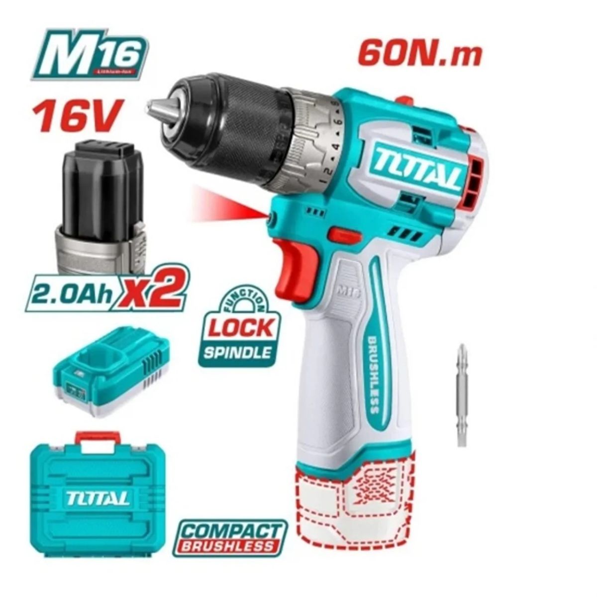 TOTAL TOOLS - TALADRO ATORNILLADOR INDUSTRIAL 16V 13MM BRUSHLESS 60NM TDLI16682