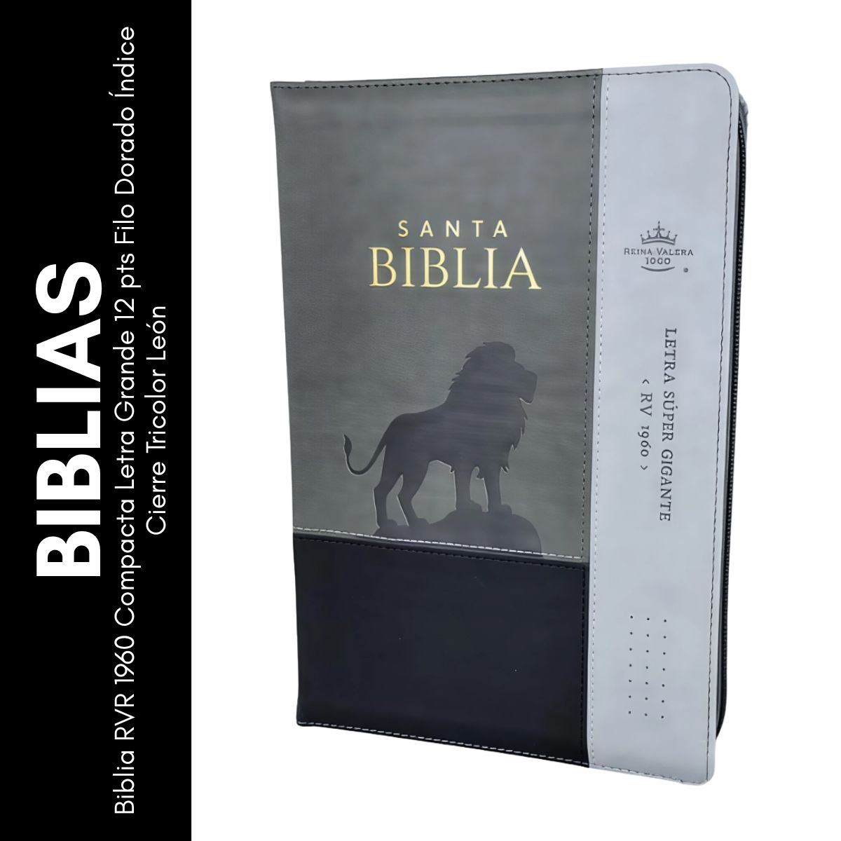 GENERICO - Biblia RVR 1960 Compacta Letra Grande 12 pts Filo Dorado Índice Cierre Tricolor León