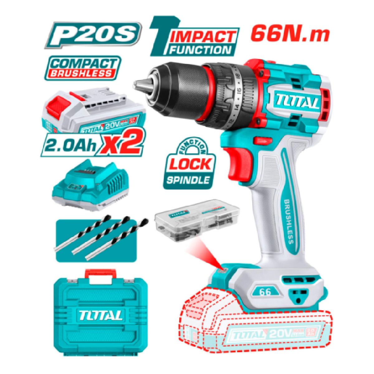 TOTAL TOOLS - TALADRO 20V 66NM 13MM BRUSHLESS INDUSTRIAL - TDLI20668