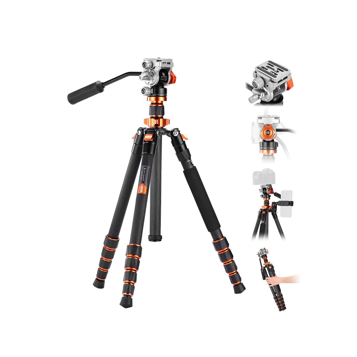 K&F CONCEPT - Trípode monopie de fibra de carbono O255C4+FH-03 K&F Concept KF09158