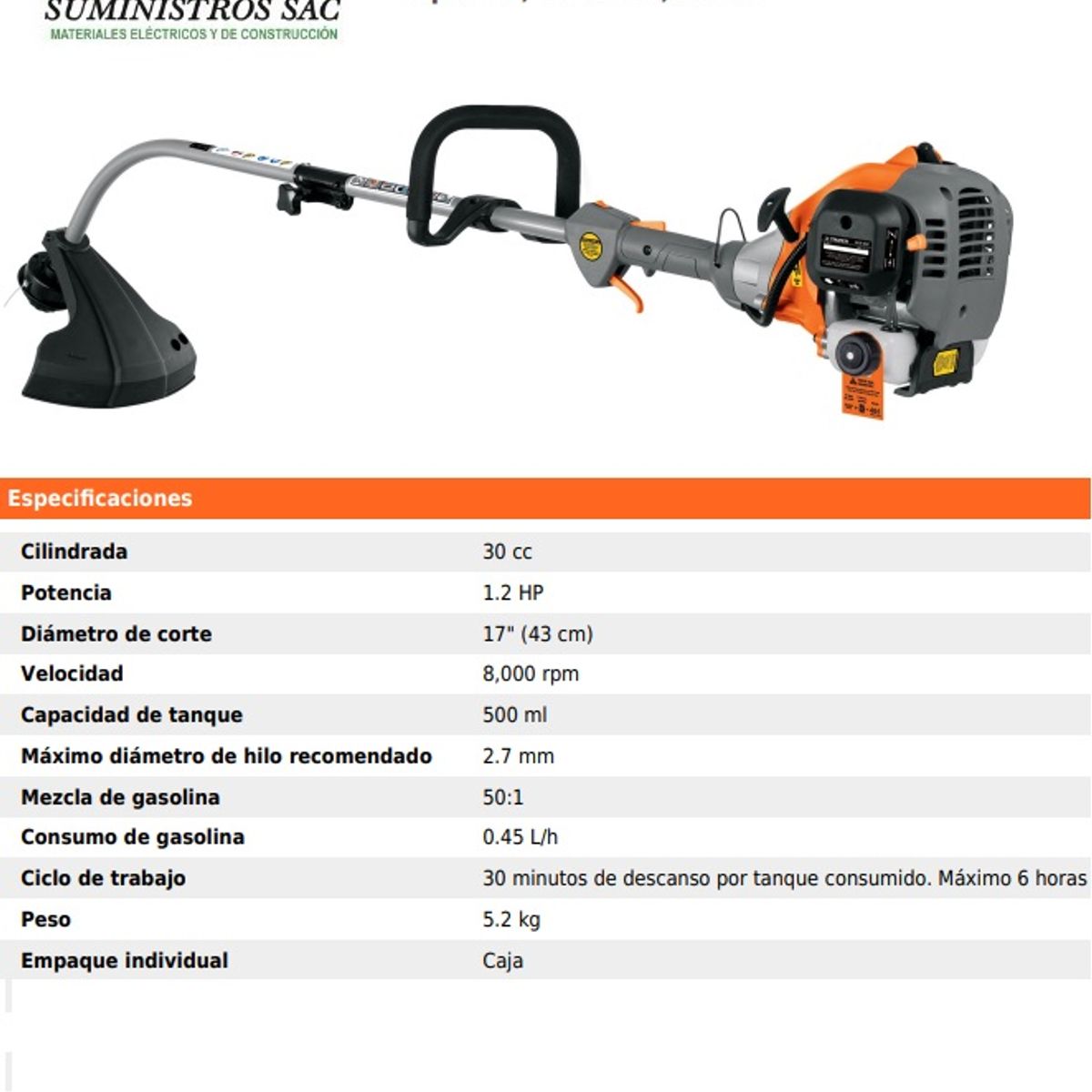 TRUPER - DESBROZADORA MOTOR 2 TIEMPOS MANG TIPO D 30CC 1/2HP TRUPER