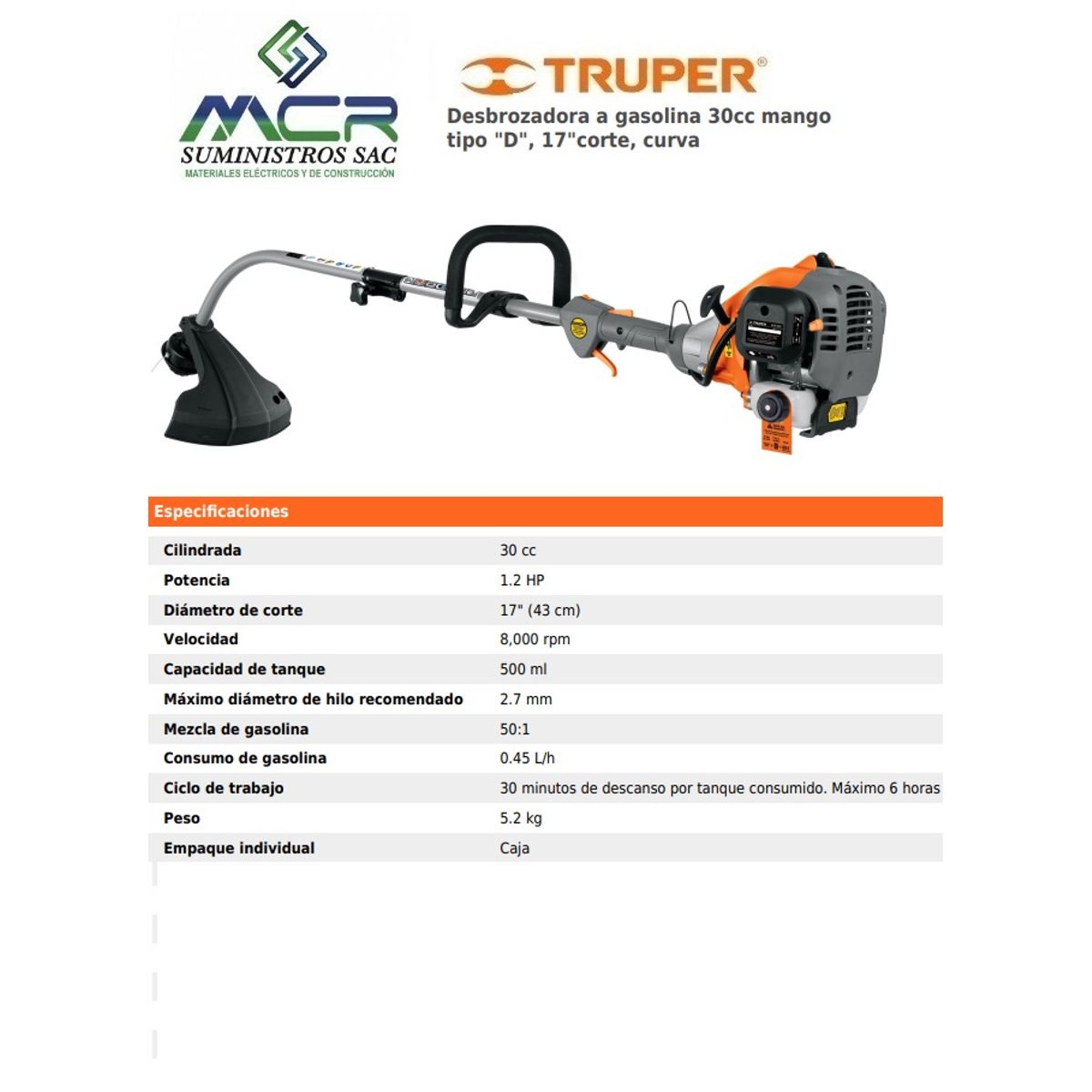 TRUPER - DESBROZADORA MOTOR 2 TIEMPOS MANG TIPO D 30CC 1/2HP TRUPER