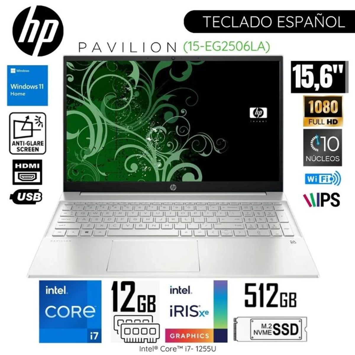 HP - Laptop HP Pavilion 15-EG2506LA Intel Core i7-1255U 12GB 512GB SSD 15.6" Windows 11 home