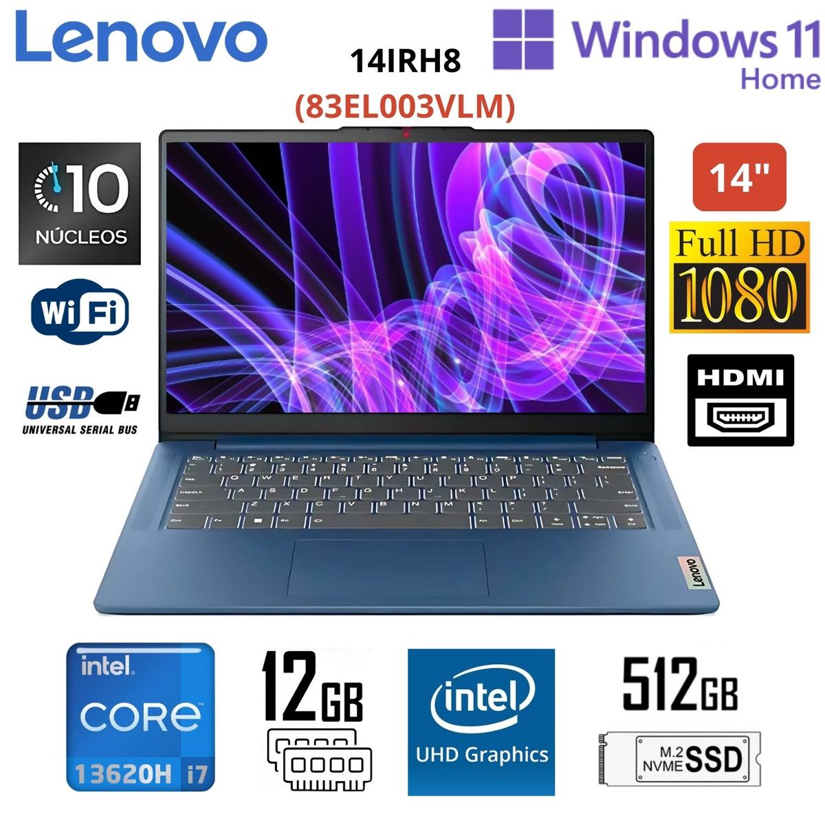 LENOVO - Laptop LENOVO IDEAPAD SLIM 3 14IRH8 INTEL CORE i7-RAM 16 GB SSD 512 GB WINDOWS-83EL003VLM