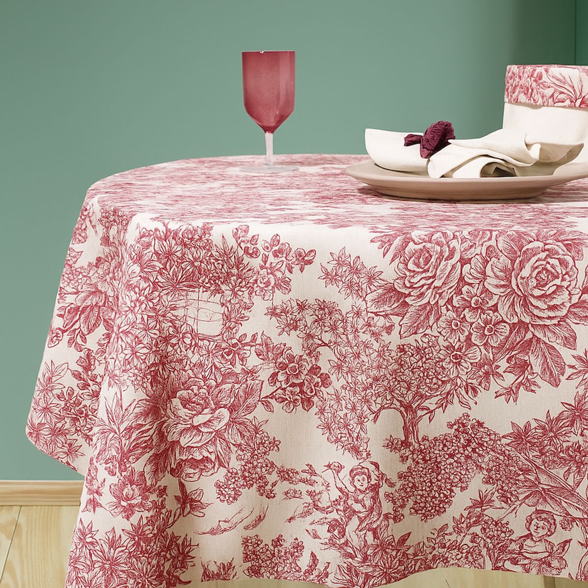 CASIOPIA - Mantel antimanchas redondo 8-10 sillas Toile de Jouy Granate