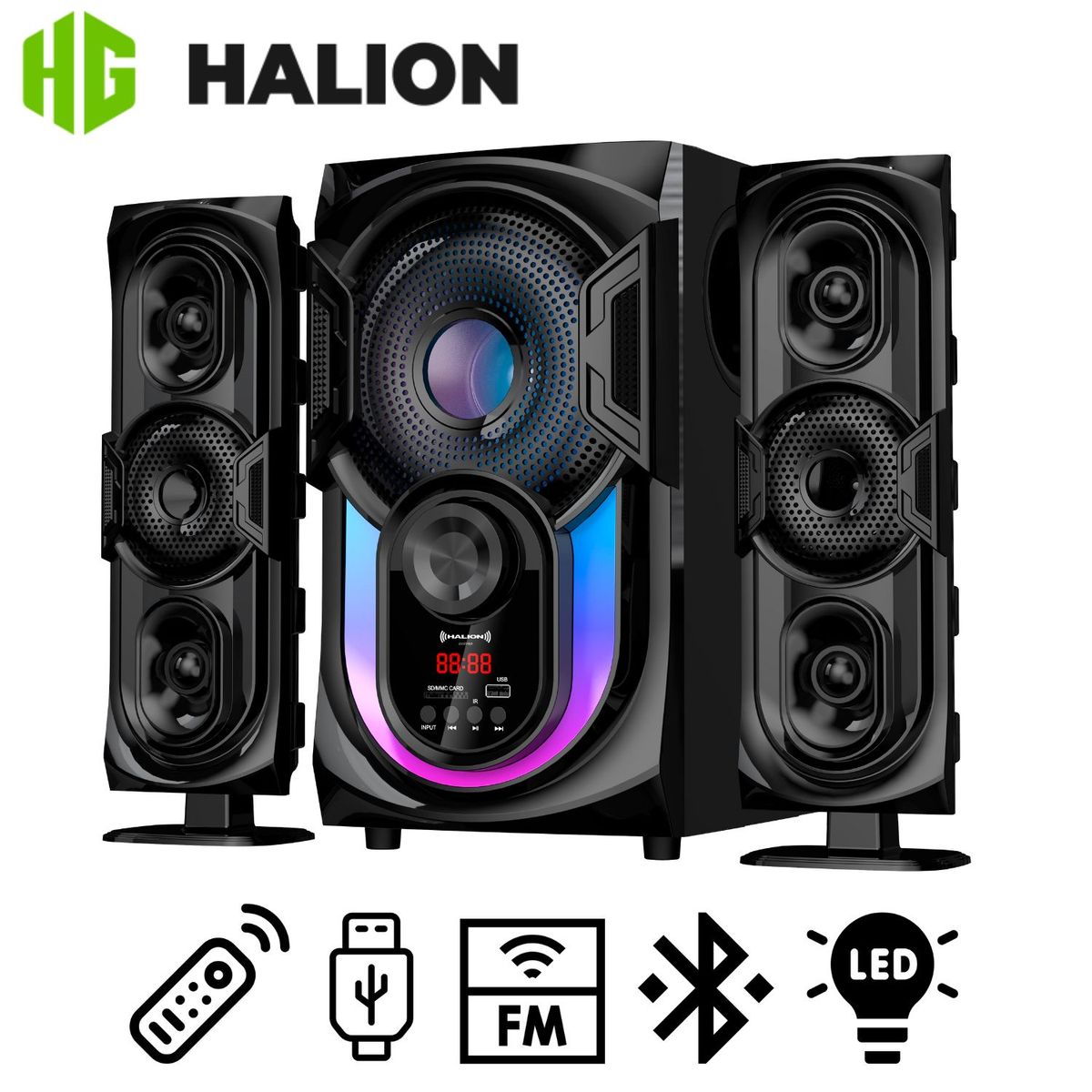 HALION - Parlante Halion HA-F62 Oxford 2.1 Subwoofer 6,5″ Luz RGB USB SD BT FM