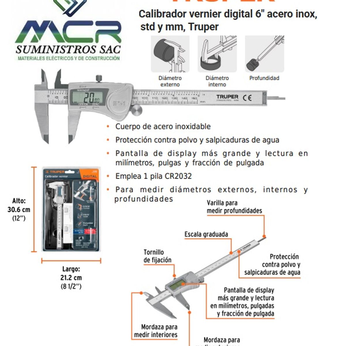 TRUPER - CALIBRADOR VERNIE DIGITAL 6” PIE DE REY INOX PULG mm TRUPER