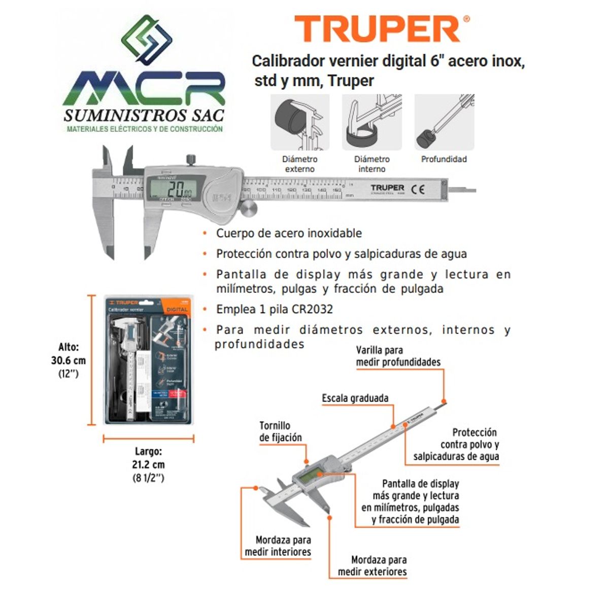 TRUPER - CALIBRADOR VERNIE DIGITAL 6” PIE DE REY INOX PULG mm TRUPER