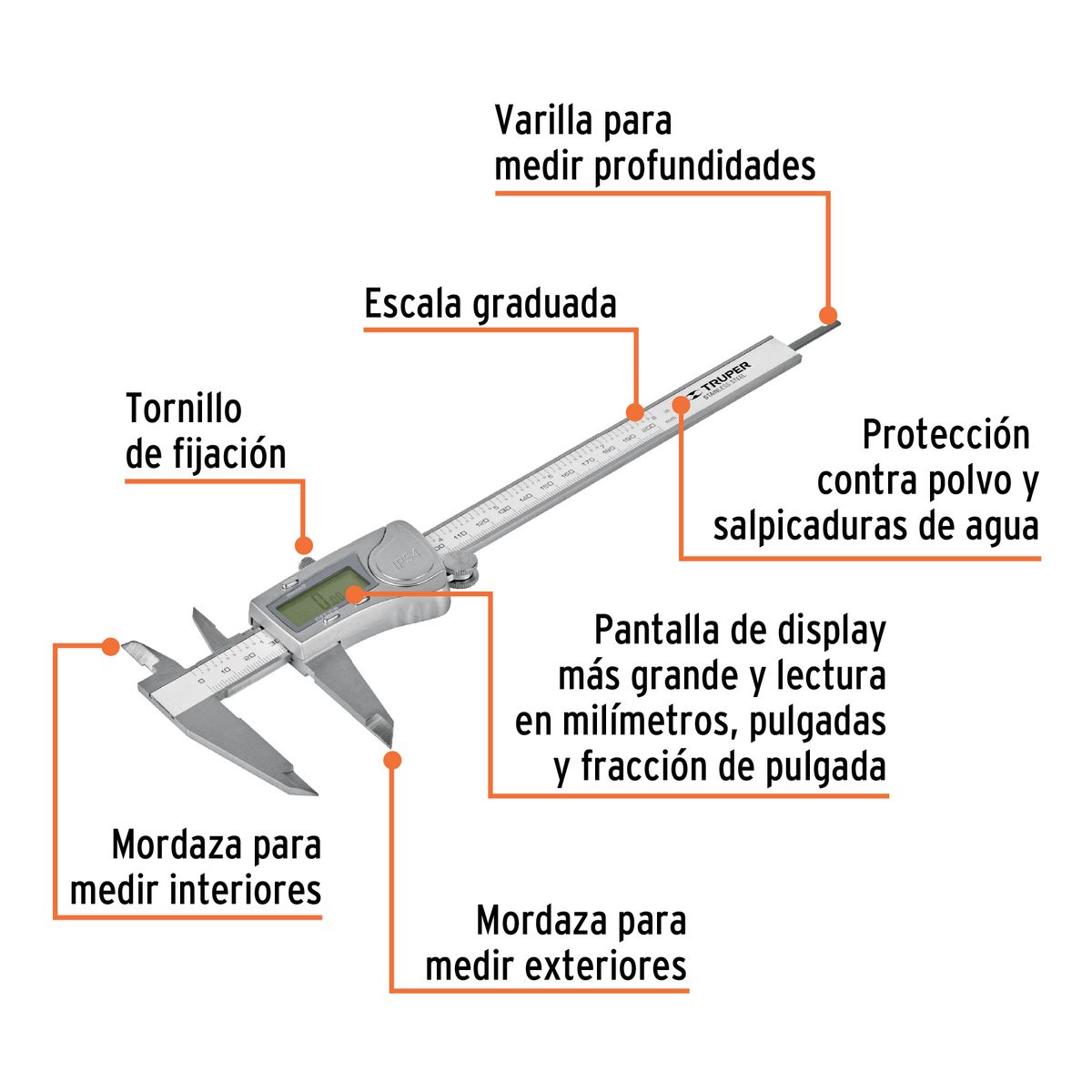 TRUPER - CALIBRADOR VERNIE DIGITAL 6” PIE DE REY INOX PULG mm TRUPER