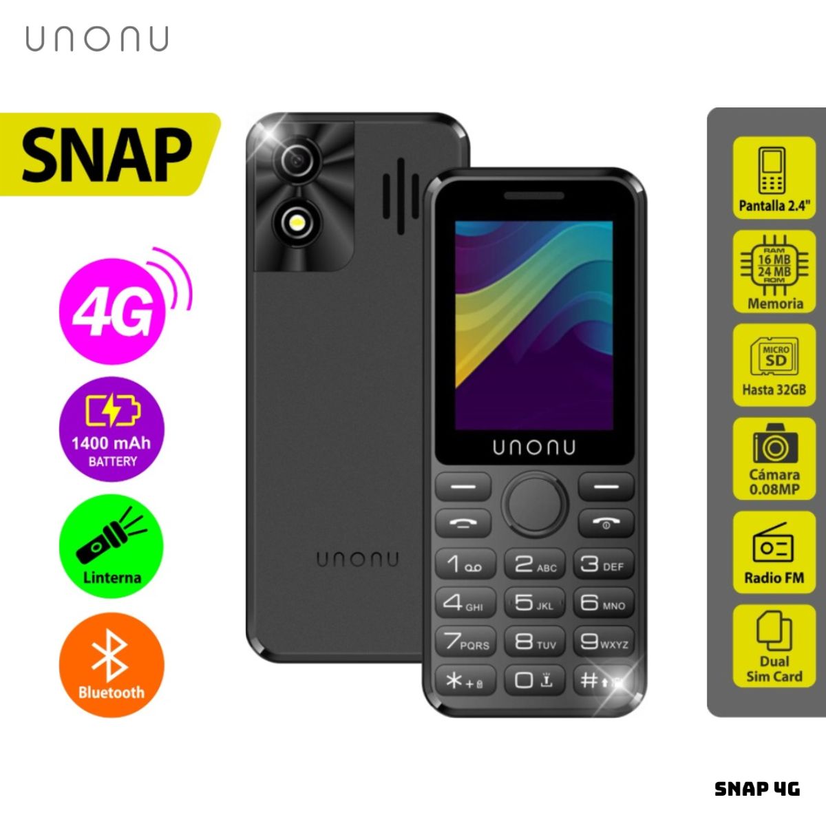 UNONU - CELULAR BASICO UNONU SNAP 4G DUAL SIM - NEGRO