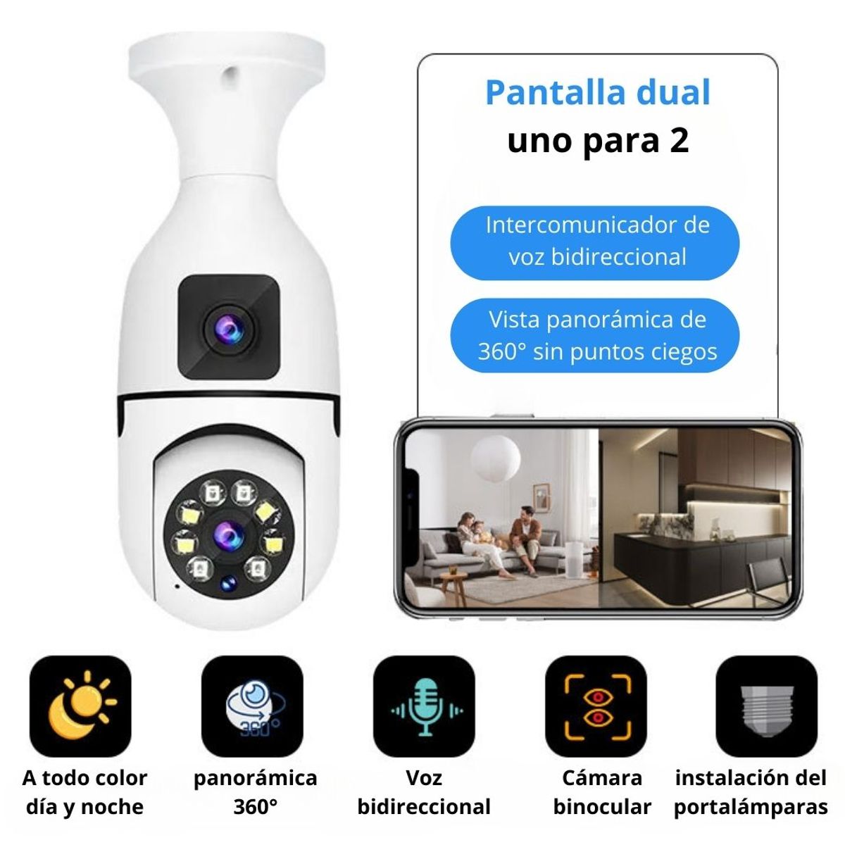 GENERICO - Foco Cámara WiFi E27 Full HD 360° Doble Lente con Visión Nocturna y Audio