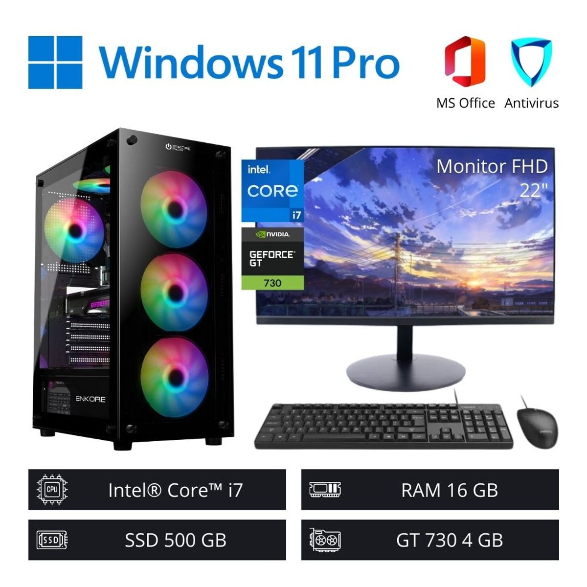 INTEL - Computadora PC Intel Core i7 3,80 GHz 16GB RAM 500GB NVIDIA 4GB + Monitor 22" FHD