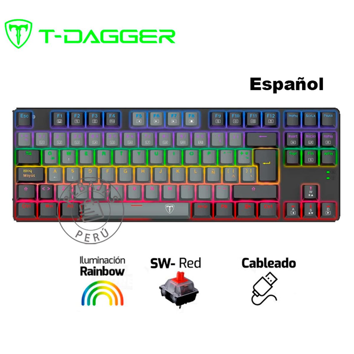 T-DAGGER - Teclado Mecánico T-Dagger BORA T-TGK313 GreyBlack Red Switch Rainbow