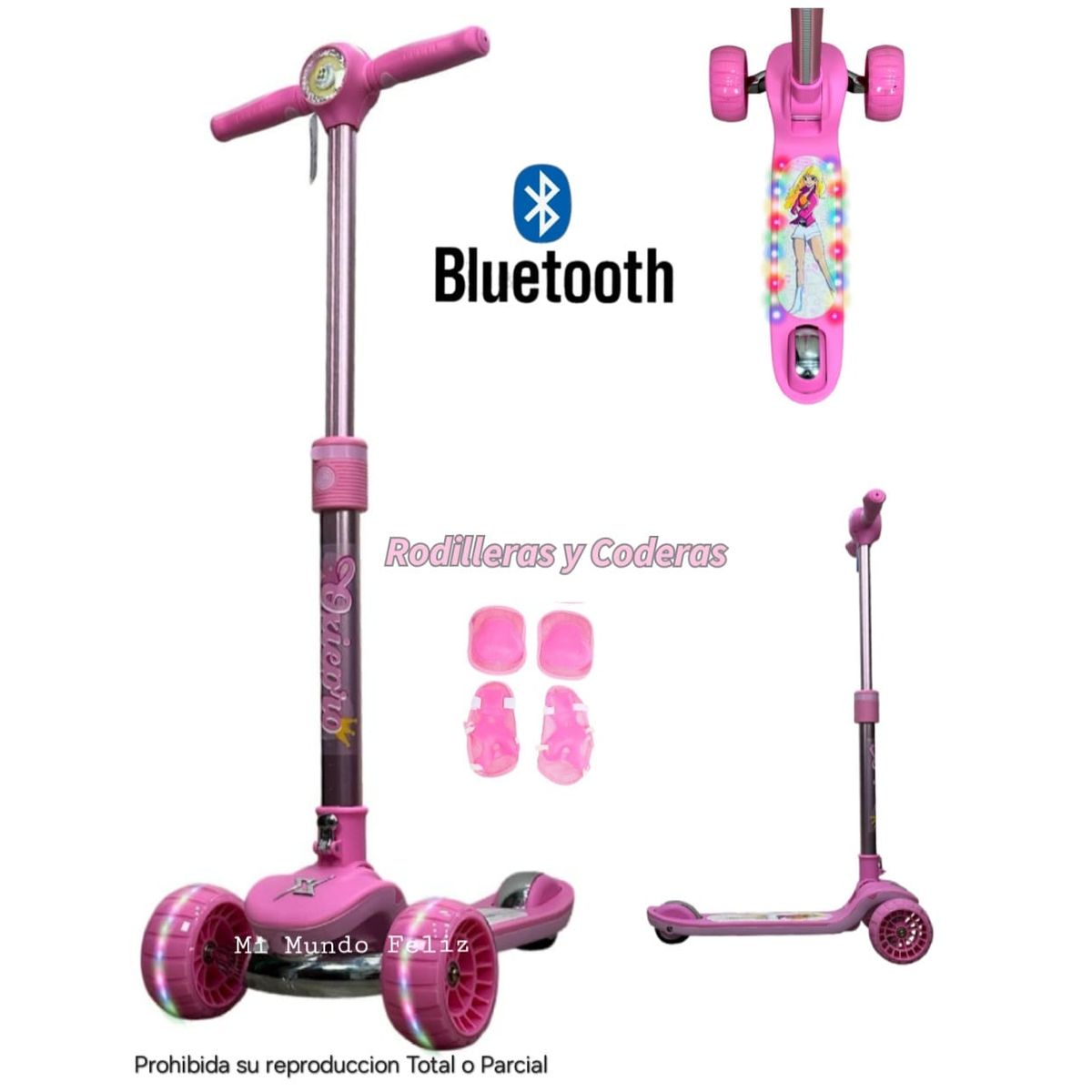 OXIEPRO - Scooter para Niños Plegable con Bluetooth Luces Rosado
