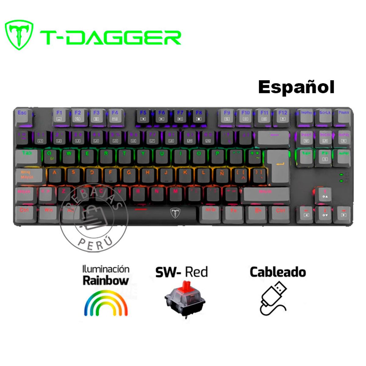 T-DAGGER - Teclado Mecánico Rainbow T-Dagger BORA T-TGK313 BlackGrey Red Switch