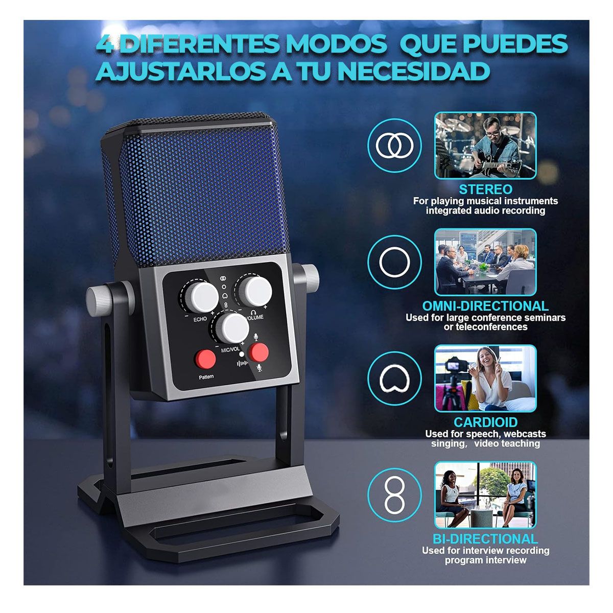 ROHS - Micrófono USB Pro 4 Modos Para Streaming, Podcast y Gaming