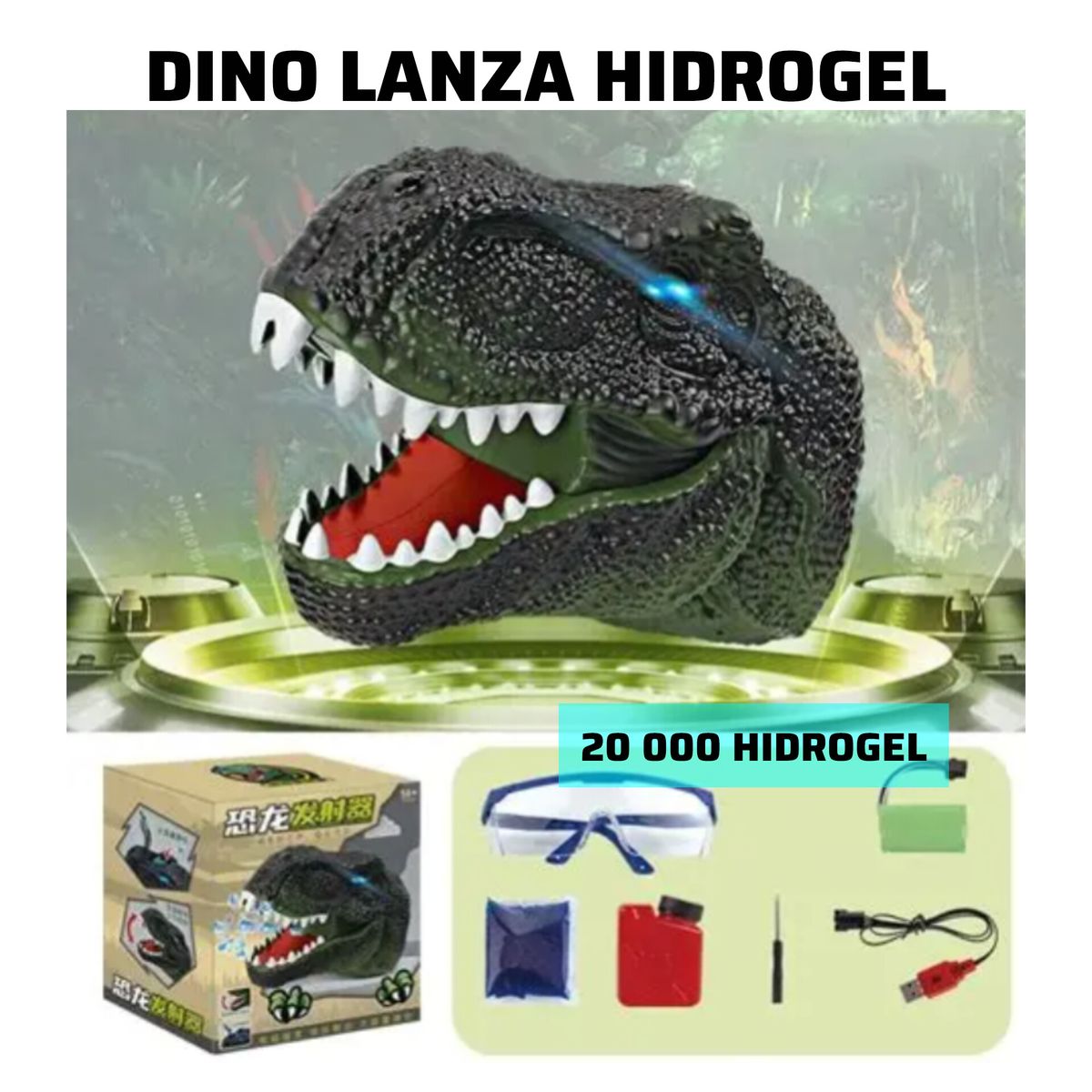 GENERICO - CABEZA DE DINO LANZA HIDROGEL CON LUCES