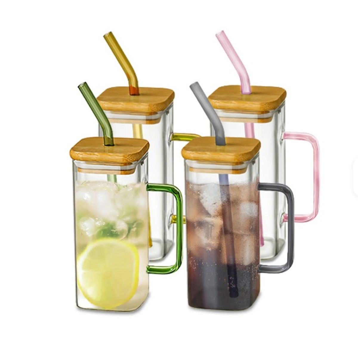 Set x 4 Vasos vidrio Cuadrado con Asa y Sorbete de Colores, marca GENERICO - Foto Principal