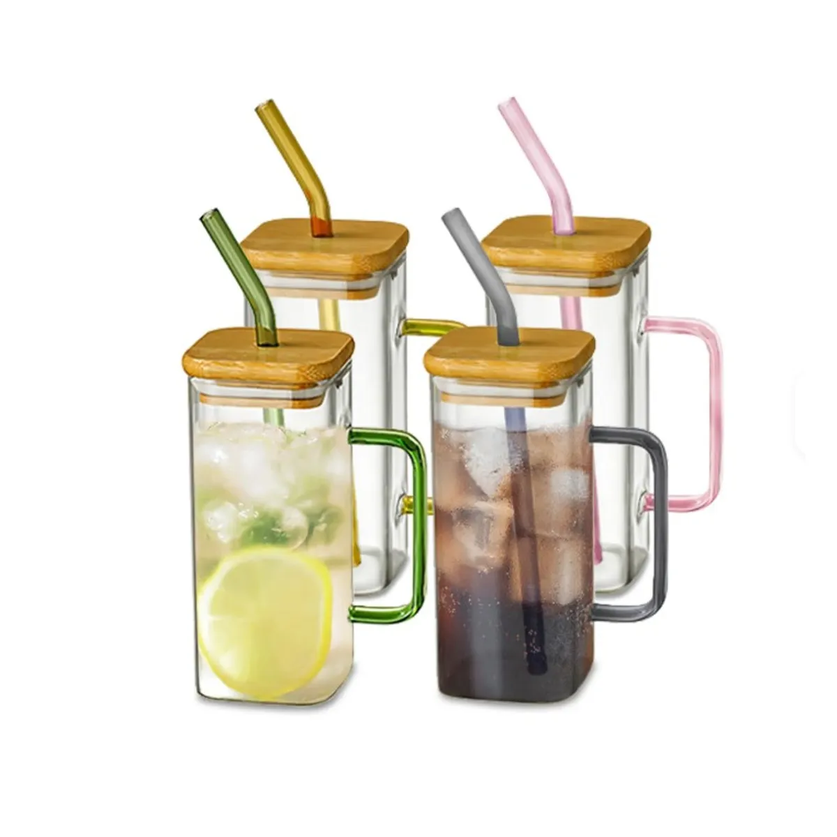 Set x 4 Vasos vidrio Cuadrado con Asa y Sorbete de Colores, marca GENERICO - Foto Principal