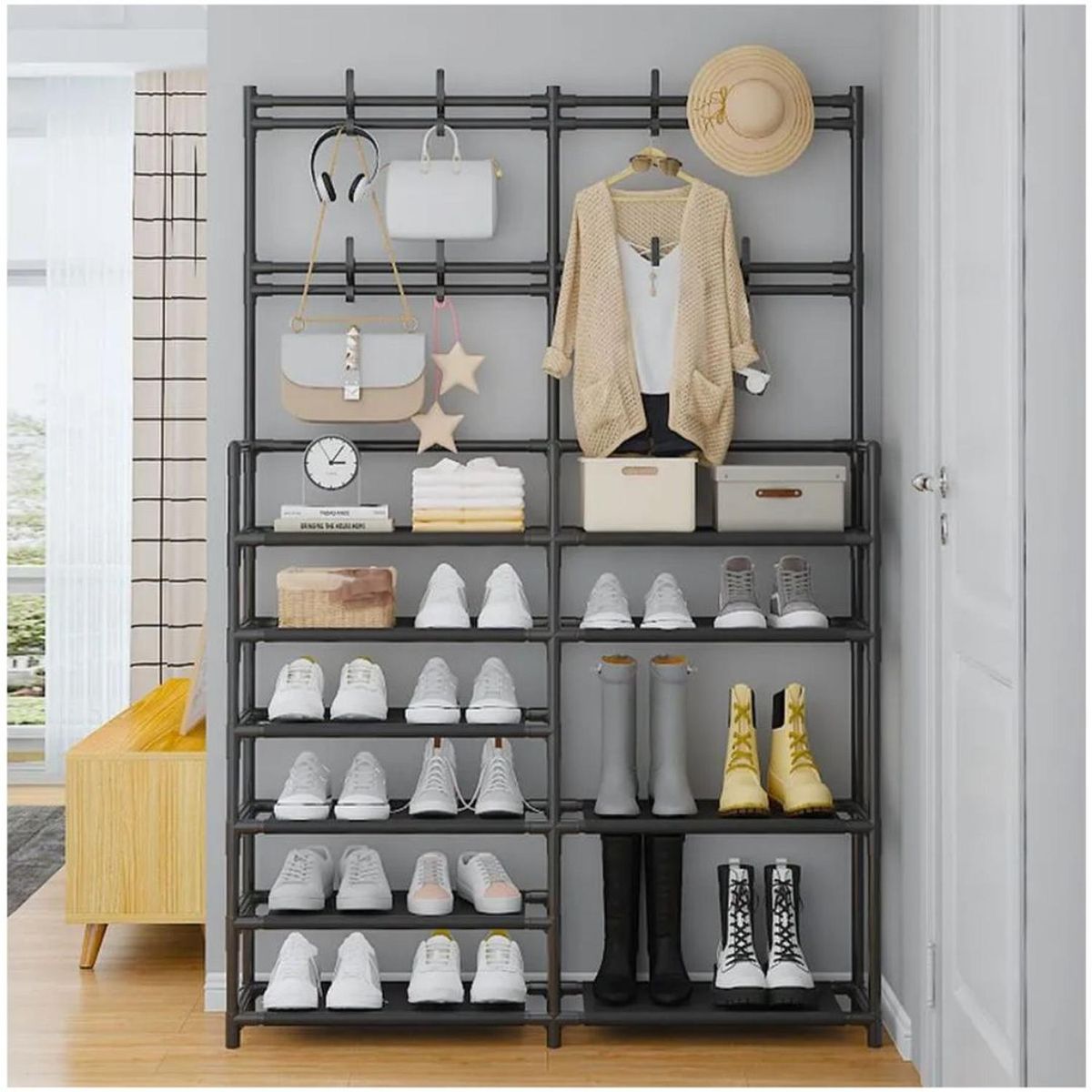 GENERICO - Estante Organizador Zapatera Perchero Multiusos 2 Cuerpos 6 Niveles 162x96x28cm - Negro - M