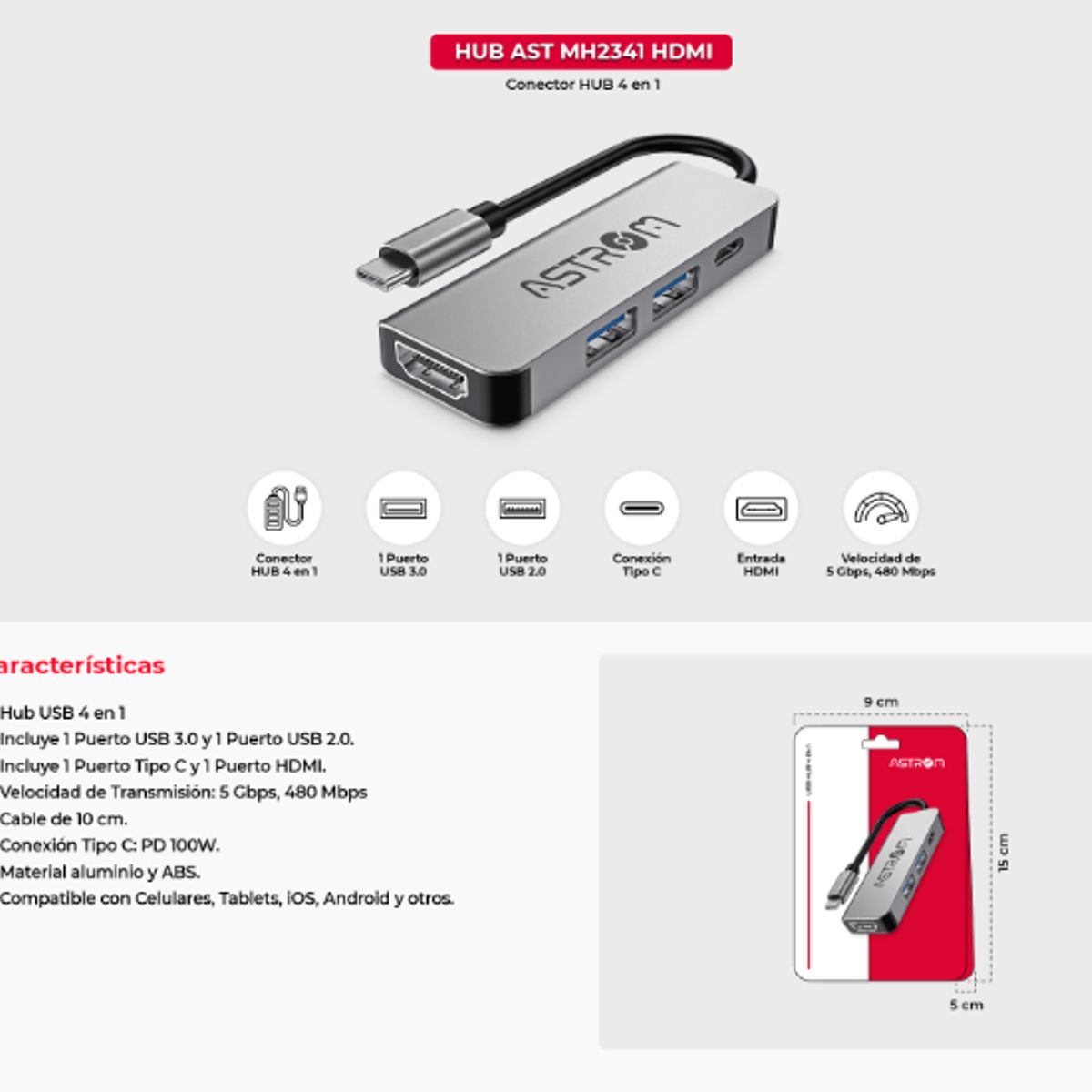 ASTROM - Adaptador HUB USB 4 EN 1 AST MH2341-HDMI USB-C ASTROM