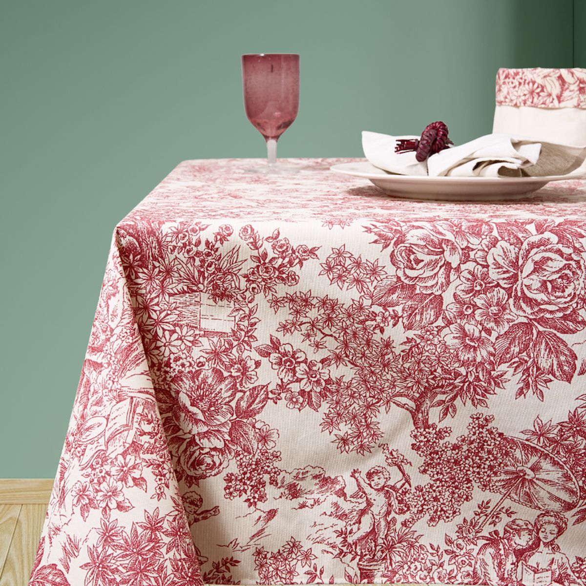 CASIOPIA - Mantel antimanchas rectangular 6 sillas Toile de Jouy Granate