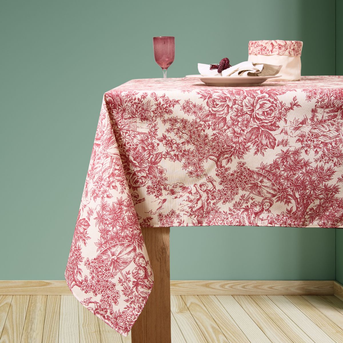 CASIOPIA - Mantel antimanchas rectangular 6 sillas Toile de Jouy Granate