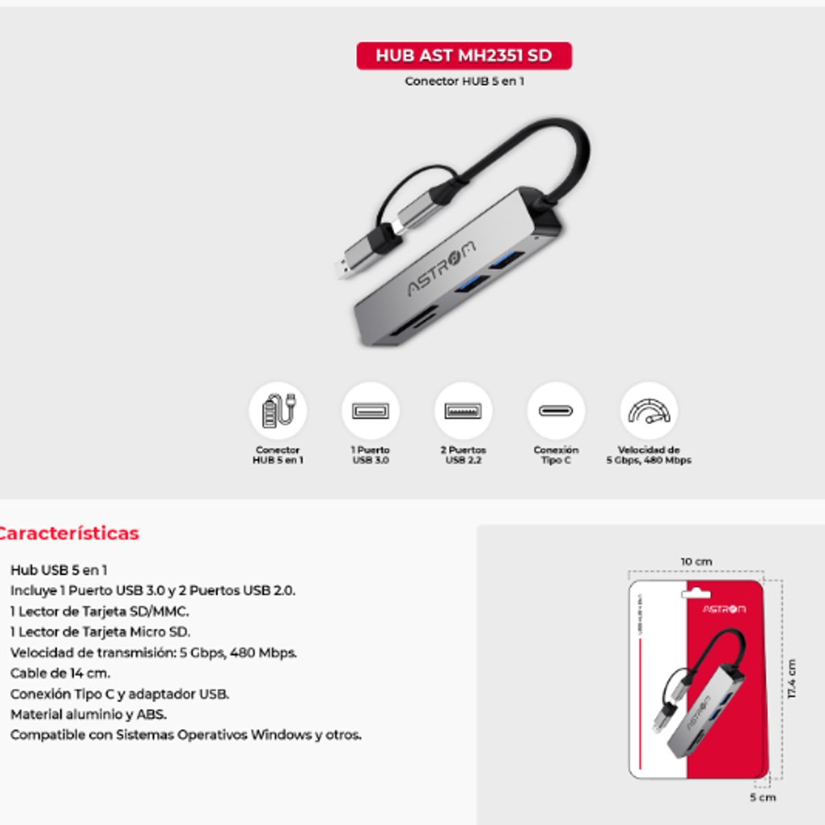 ASTROM - Adaptador HUB USB 5 EN 1 AST MH2351-SD  ASTROM