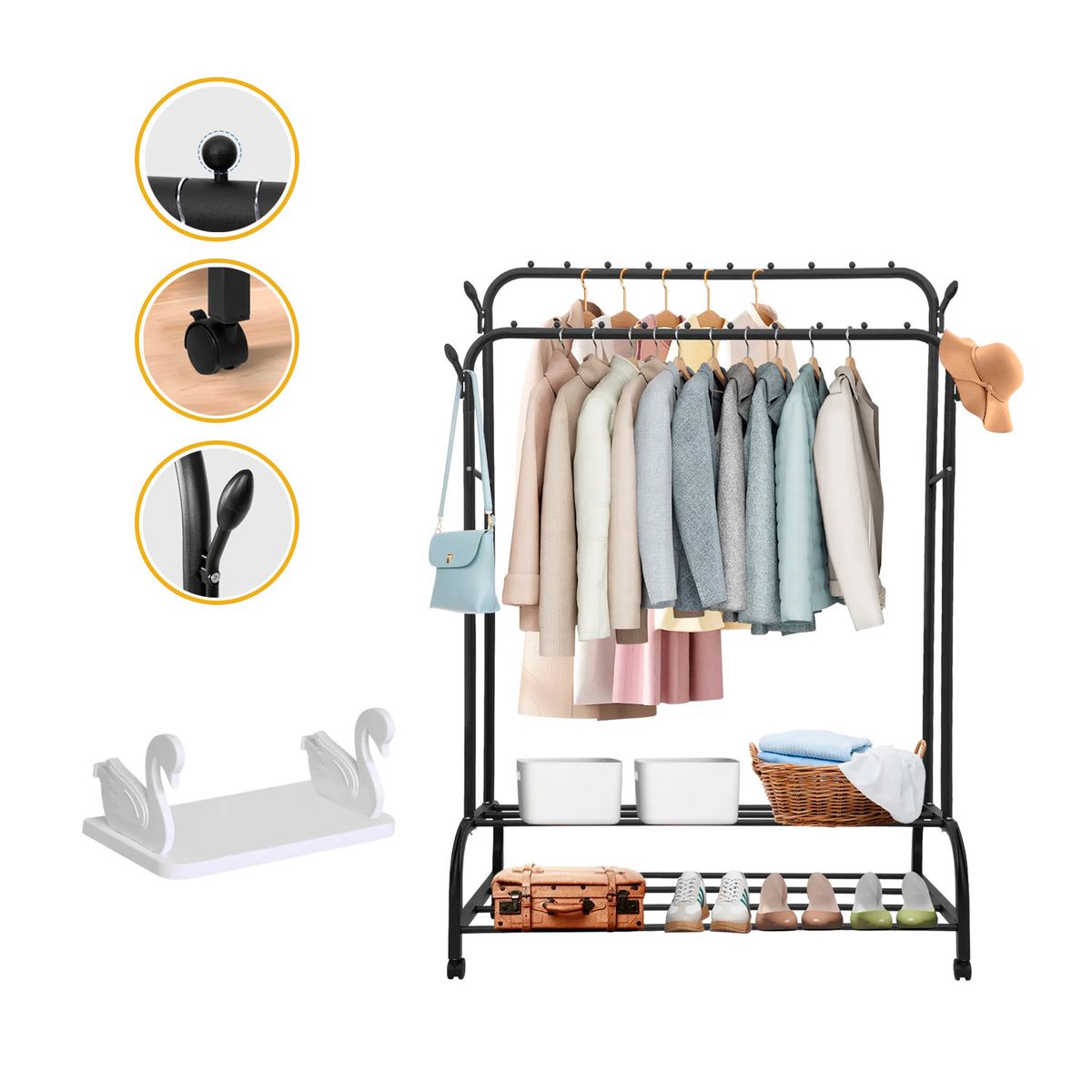 GENERICO - Perchero Metálico Con Ruedas Doble Nivel + Repisa Cisne