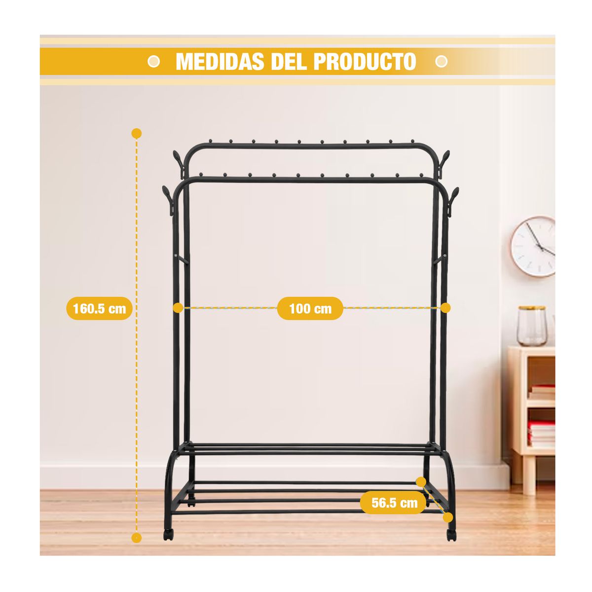 GENERICO - Perchero Metálico Con Ruedas Doble Nivel + Repisa Cisne