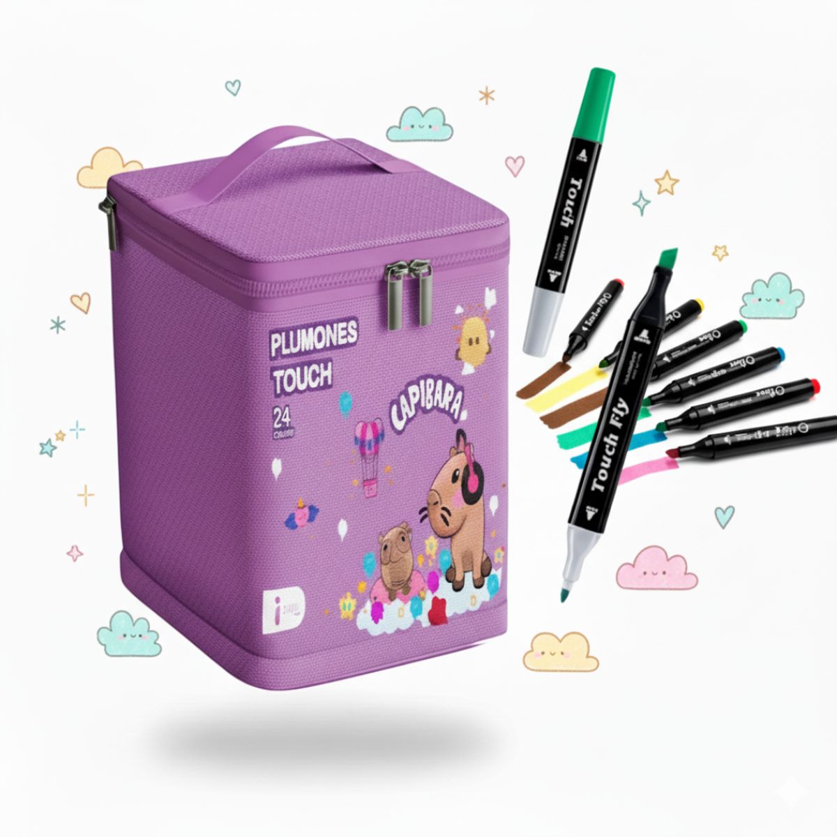 GENERICO - MARCADORES INFANTILES PLUMONES DISEÑO CAPIBARA DOBLE PUNTA + ESTUCHE