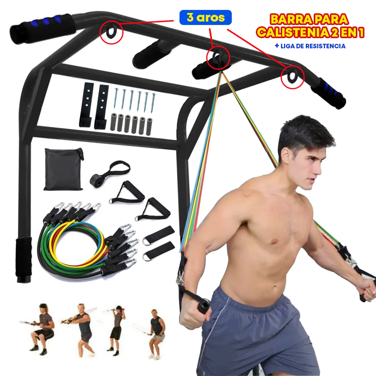 HOLGU - Barra Multifuncional 2 en 1 (3 Argollas) + Ligas x5 de Resistencia