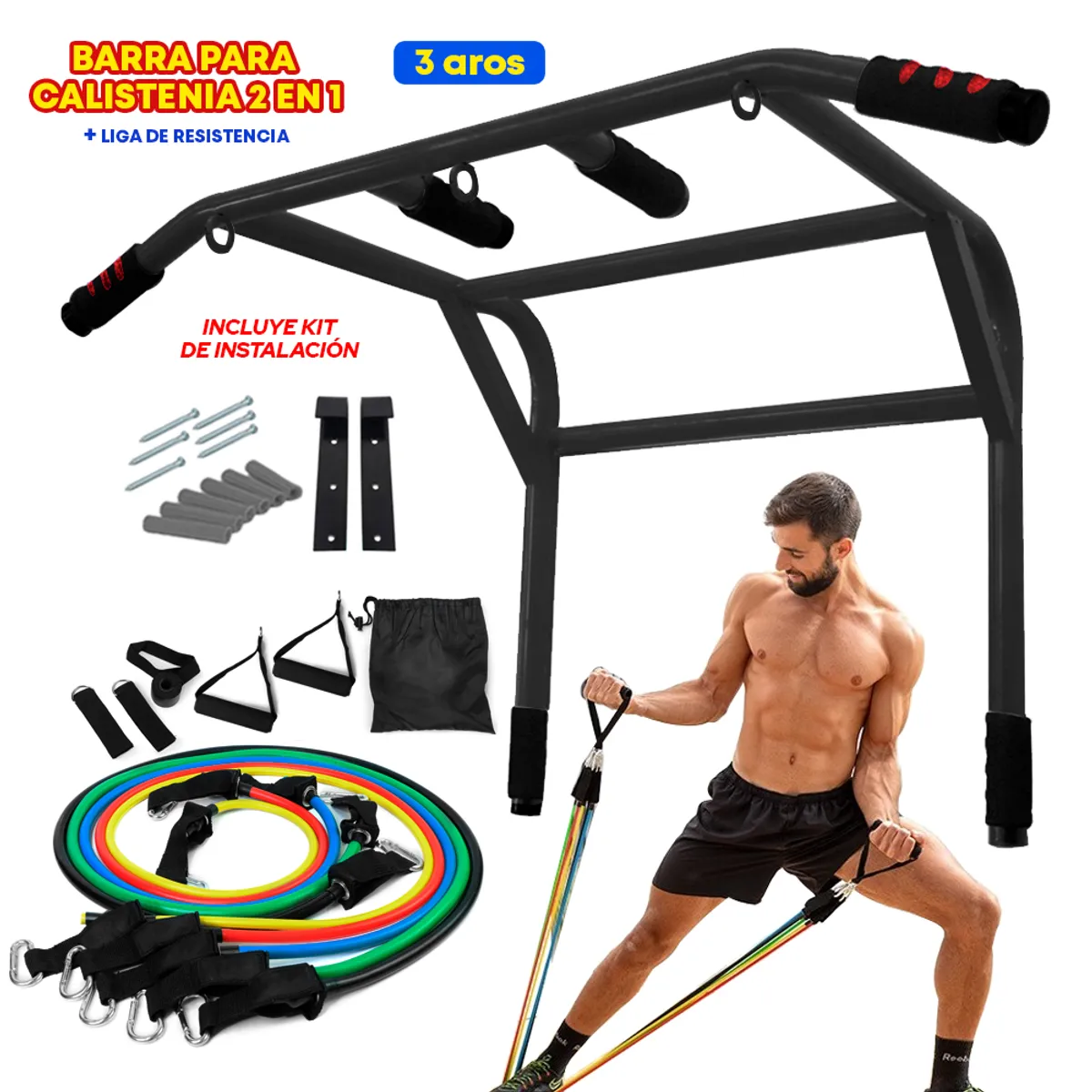HOLGU - Barra Multifuncional 2 en 1 (3 Argollas) + Ligas x5 de Resistencia