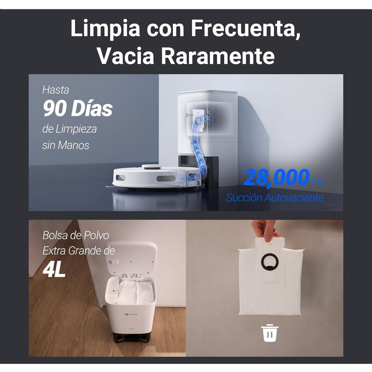 EZVIZ - Ezviz RE4 Plus Aspirador Tapeador Blanco LiDAR Autovaciado 4000 Pa 4L