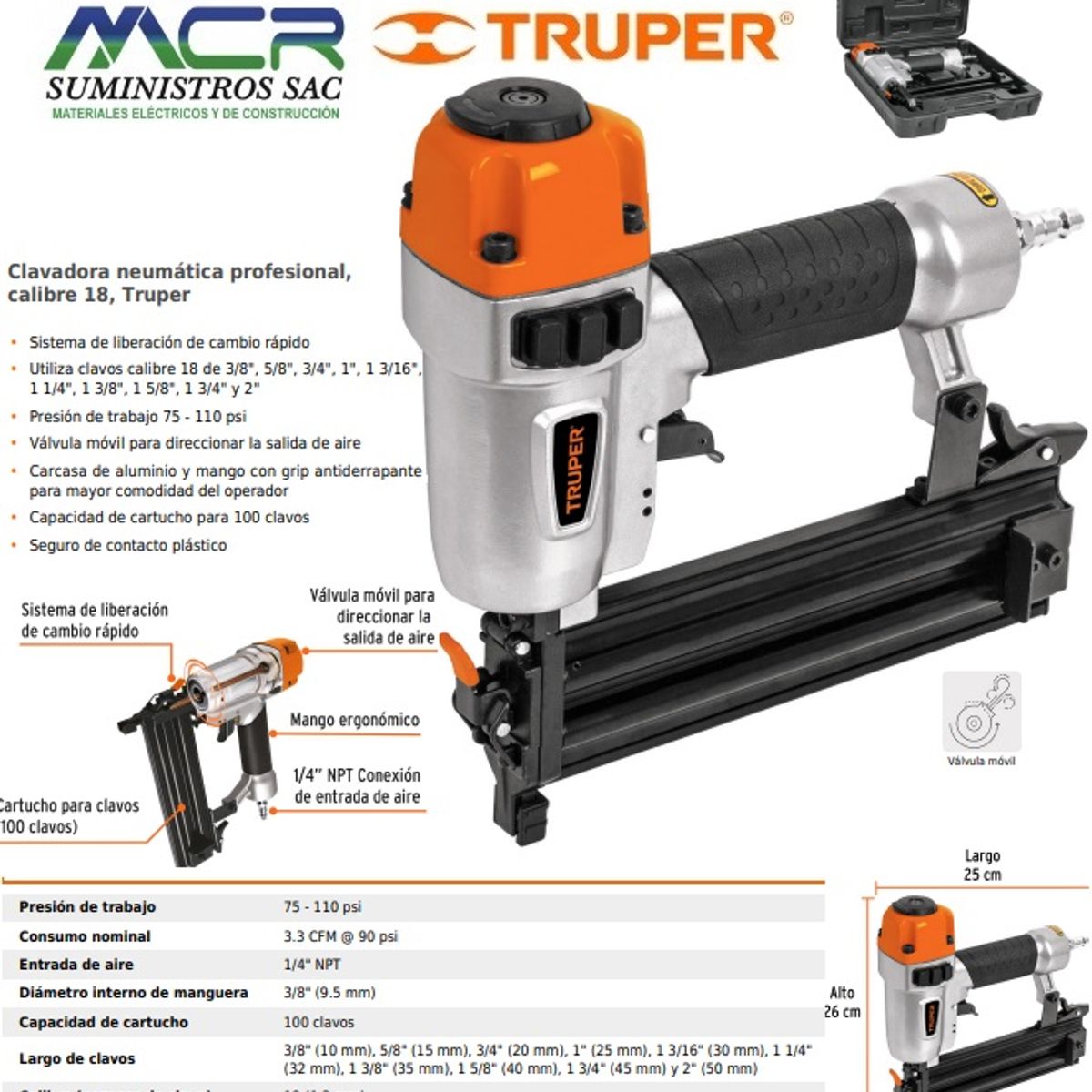 TRUPER - CLAVADORA NEUMATICA CLAVOS Y GRAPAS CALIBRE 18 TRUPER