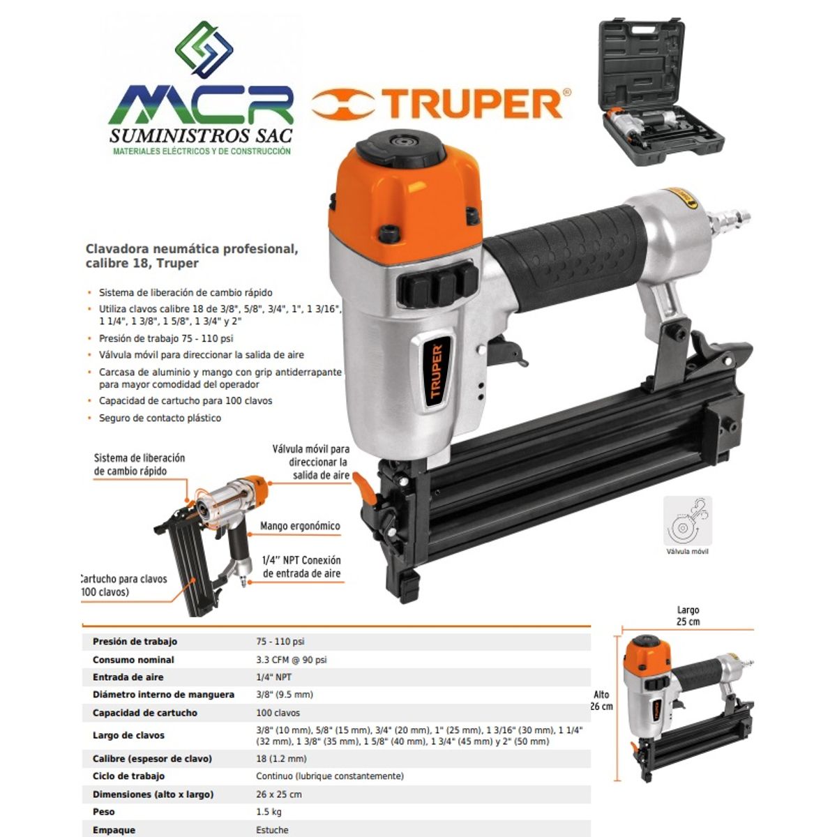 TRUPER - CLAVADORA NEUMATICA CLAVOS Y GRAPAS CALIBRE 18 TRUPER