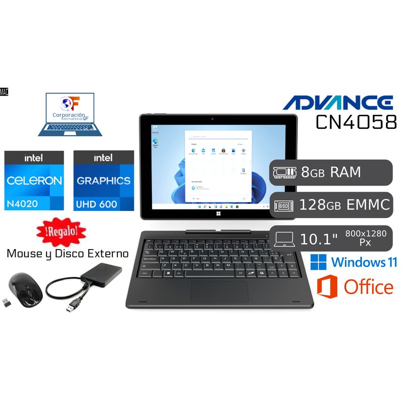 ADVANCE - Notebook 2 en 1 Advance CN4058 10.1" Celeron 8GB RAM 128GB Pantalla táctil + MOUSE + 1TB HDD