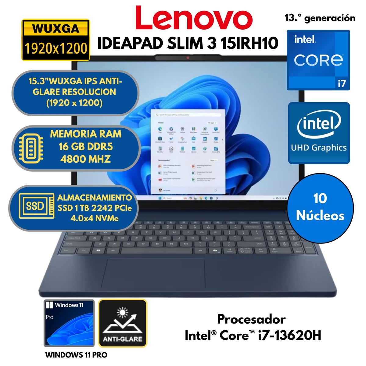 LENOVO - Laptop Lenovo Ideapad Slim 3 Intel Core i7 RAM 16 GB SSD 1TB 15.3" WUXGA WINDOWS 11
