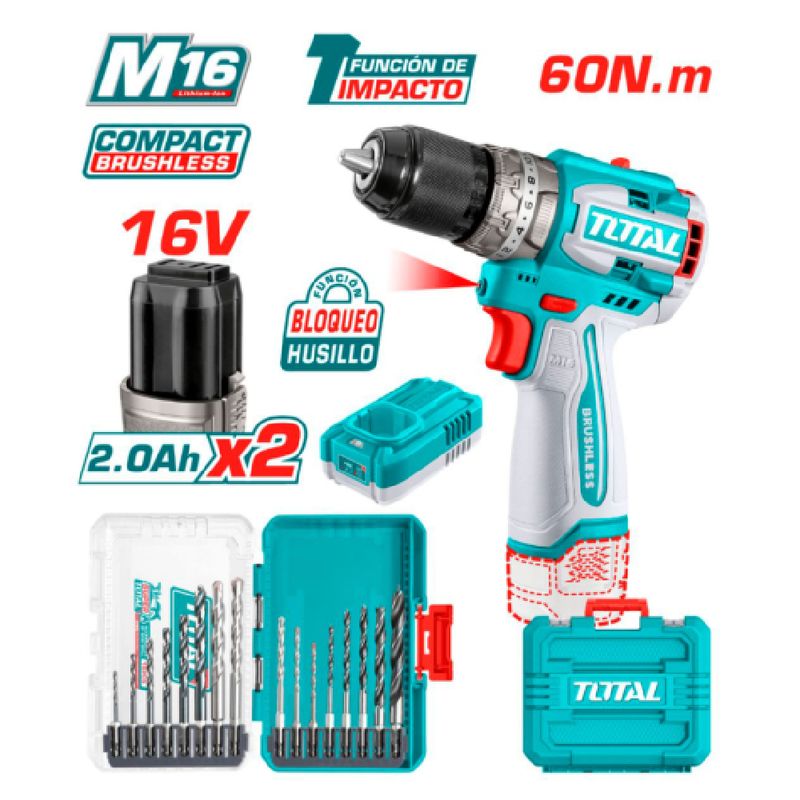 TOTAL TOOLS - COMBO TALADRO COMPACTO 2X20AH + SET BROCAS - TOSLI241199