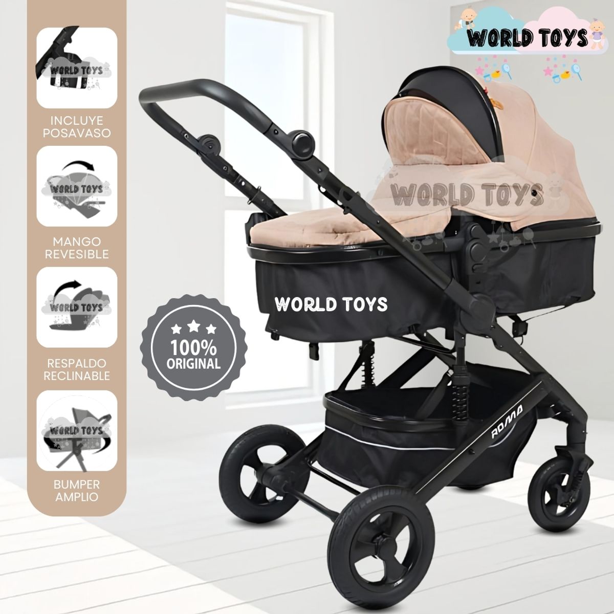 Baby - Coche Moisés Travel System «ROMA NEW» de Lujo Beige