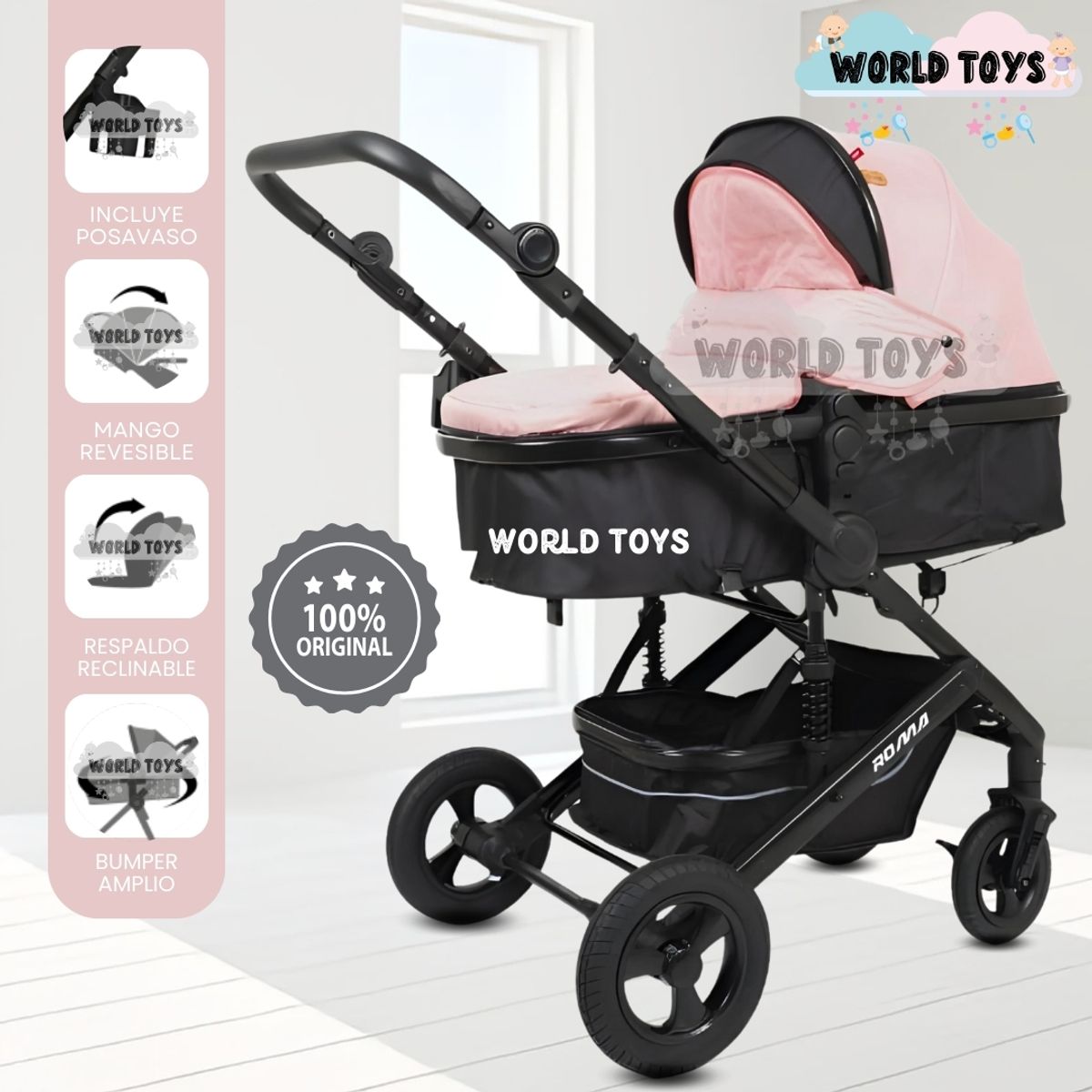 BABY - Coche Moisés Travel System «ROMA NEW» de Lujo Pink