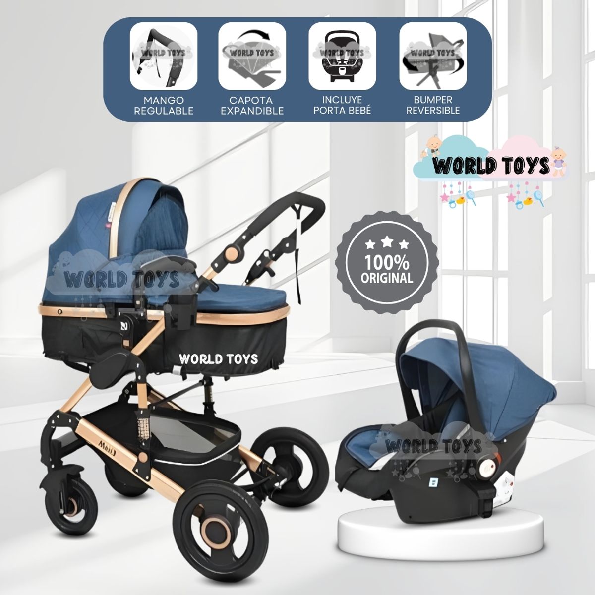 Baby - Coche Moisés Travel System «MAXII» con Porta bebé Blue