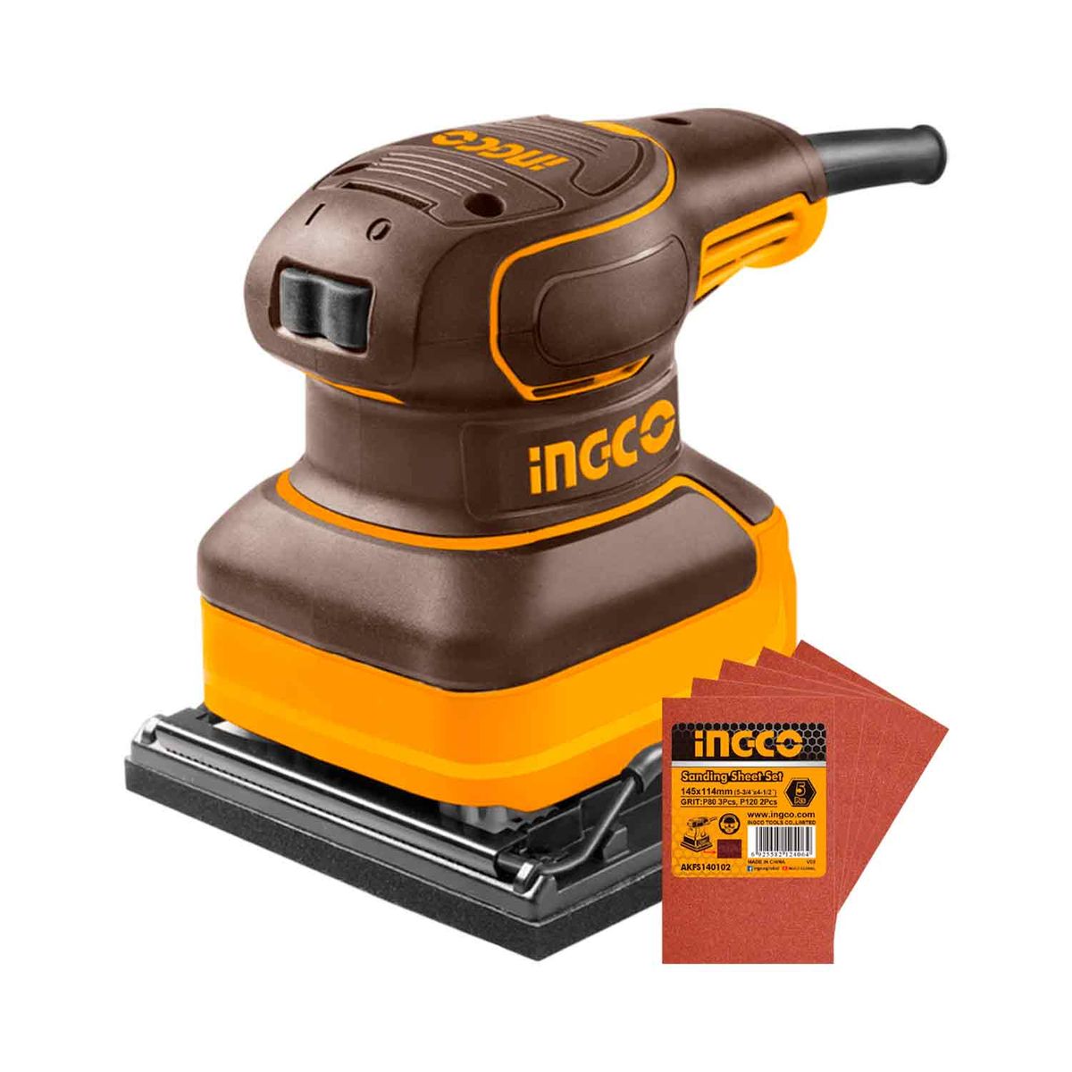 INGCO TOOLS - Lijadora Orbital Eléctrica 240w 14000rpm + 5 Lijas + Accesorios