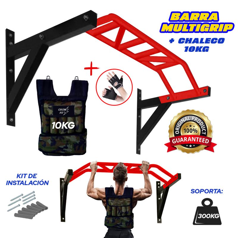 HOLGU - Barra Multigrip Dominadas GYM + Chaleco 10kg Guantes