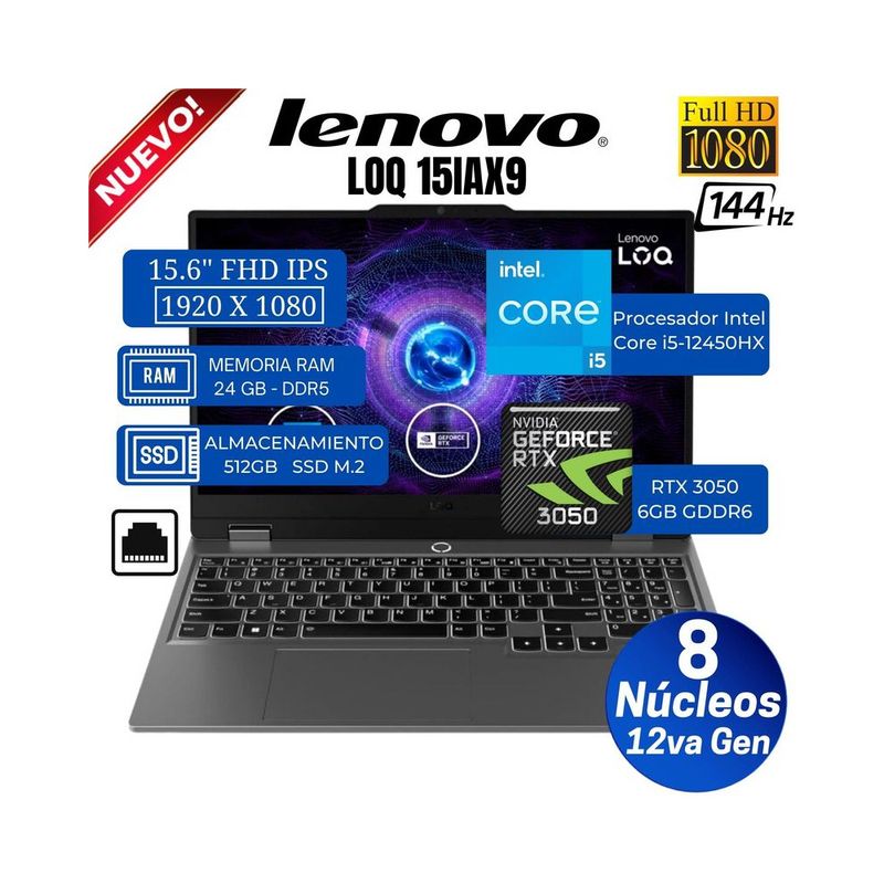 LENOVO - Laptop Lenovo LOQ 15IAX9 156 i5 12va 24GB RAM 512GB SSD W11 PRO