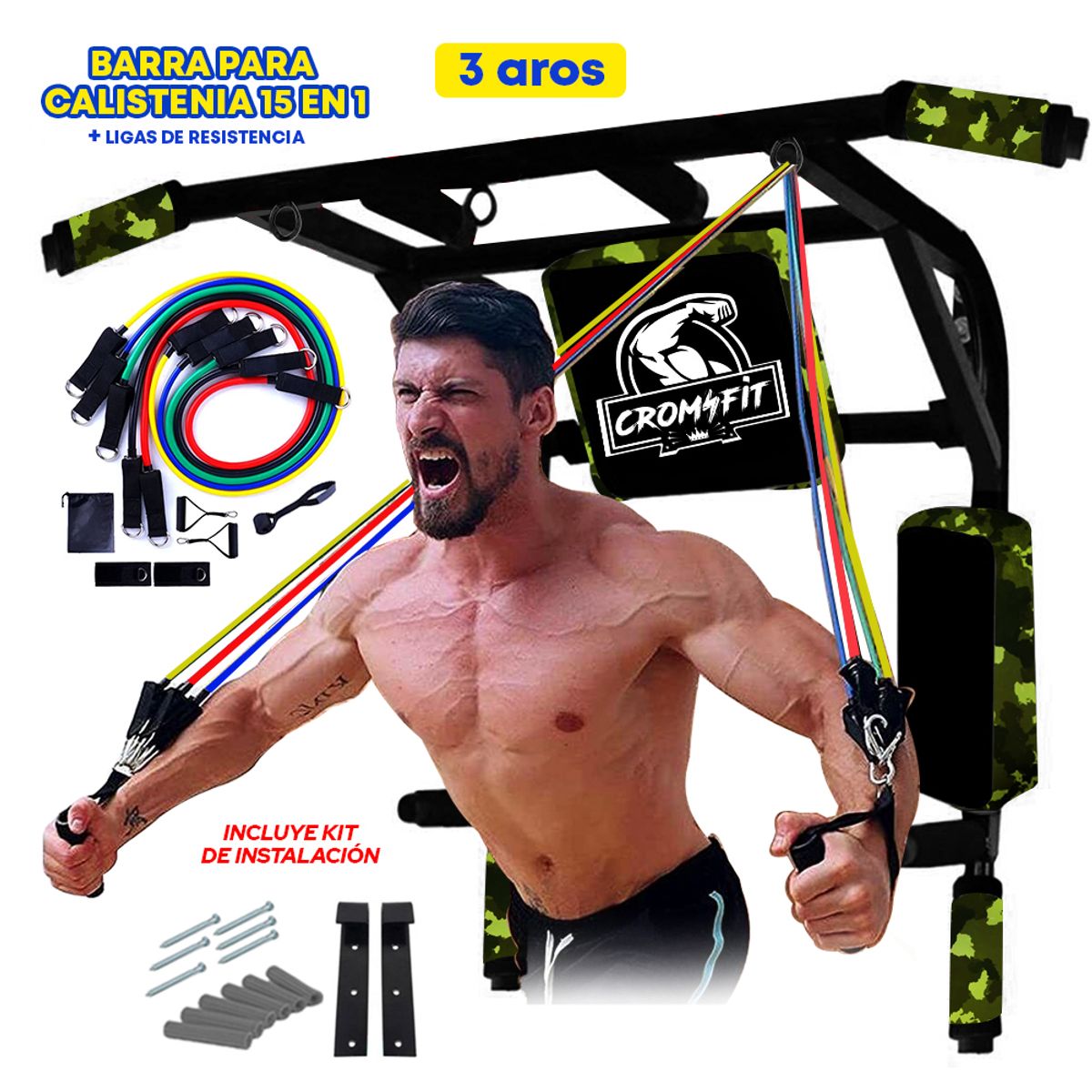 HOLGU - Barra calistenia 15 en 1 (3 AROS ) + Pack 5 ligas